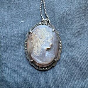 Right Facing Vintage Cameo Pendant Hand Carved Shell Relief Silver w 800 Etched